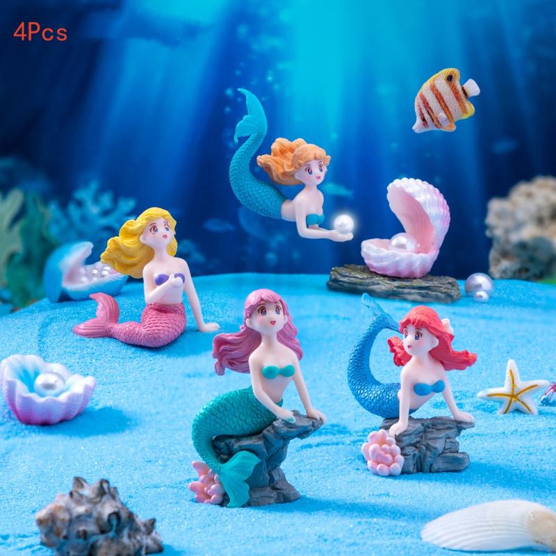 Marine Aquarium Aquascape - 4Pcs Plastic Fish Tank Little Mermaid
